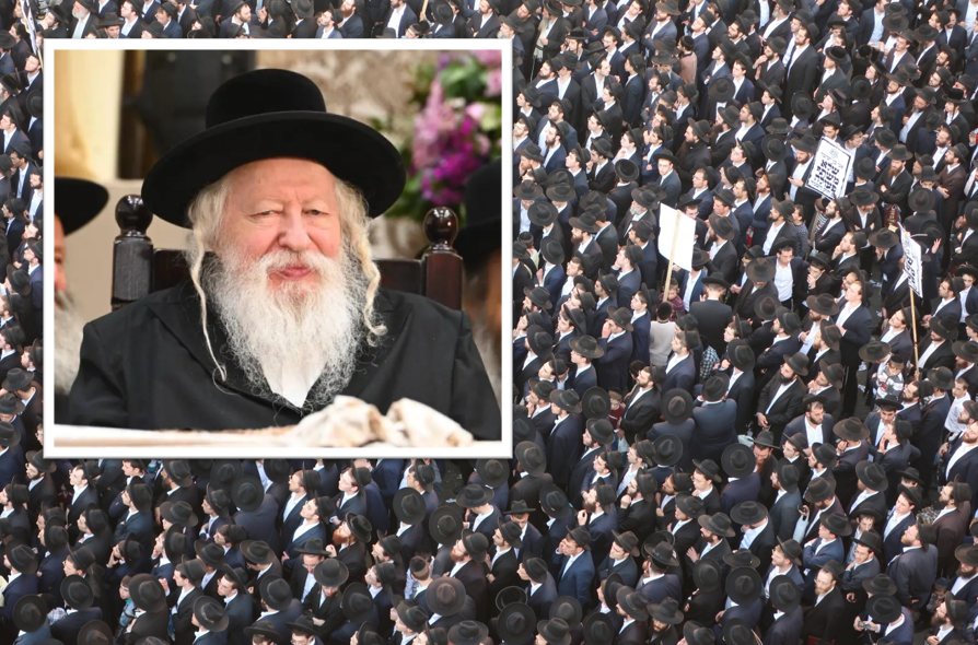 האדמור מגור על רקע הפגנה נגד הגיוס | צילום: משה גולדשטיין / שאטרסטוק