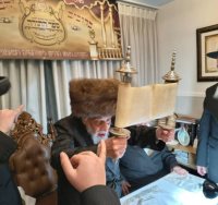 האדמו"ר מקופיטשניץ מגביה את ספר התורה העתיק | צילום: בית קופיטשניץ
