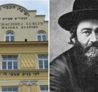 רבי מאיר שפירא זצ"ל על רקע בנין ישיבתו המפורסמת