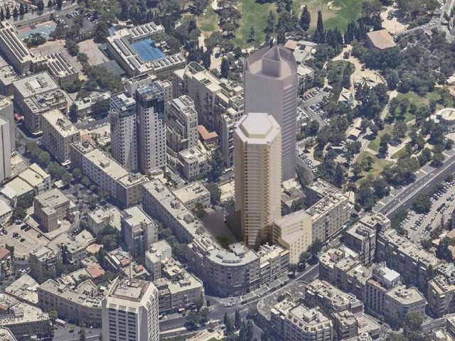 תוכנית המגדל המשושה, שתבוטל לטובת המיזם החדש. הדמיה: פיי-קוב-פריד אדריכלים